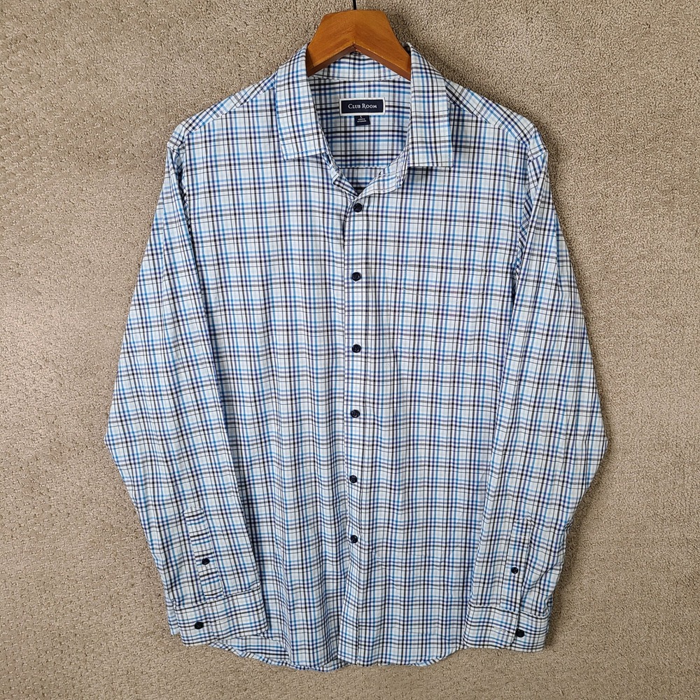 Club Room Shirt Mens Large Blue Plaid Button Down Nylon Spandex Long Sleeve